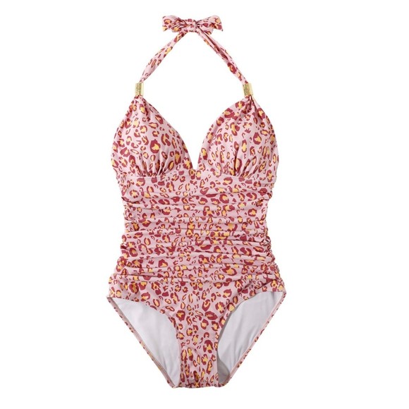 WOMEN'S Halter Tummy Control Pink Leopard Bathing Suit Small NWOT - Picture 2 of 5